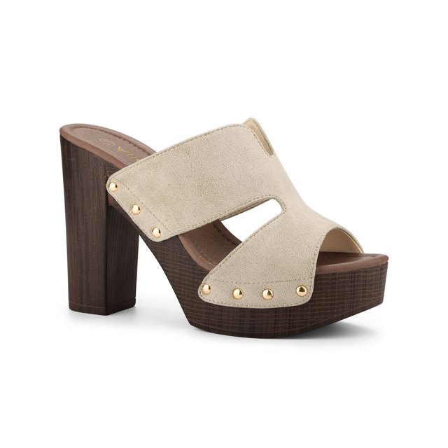 BLISSFUL STEP Women's Faux Suede Platform High Block Heel Slides Sandals Beige 8