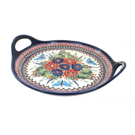 

Blue Rose Polish Pottery Floral Butterfly Round Serving Tray with Handles