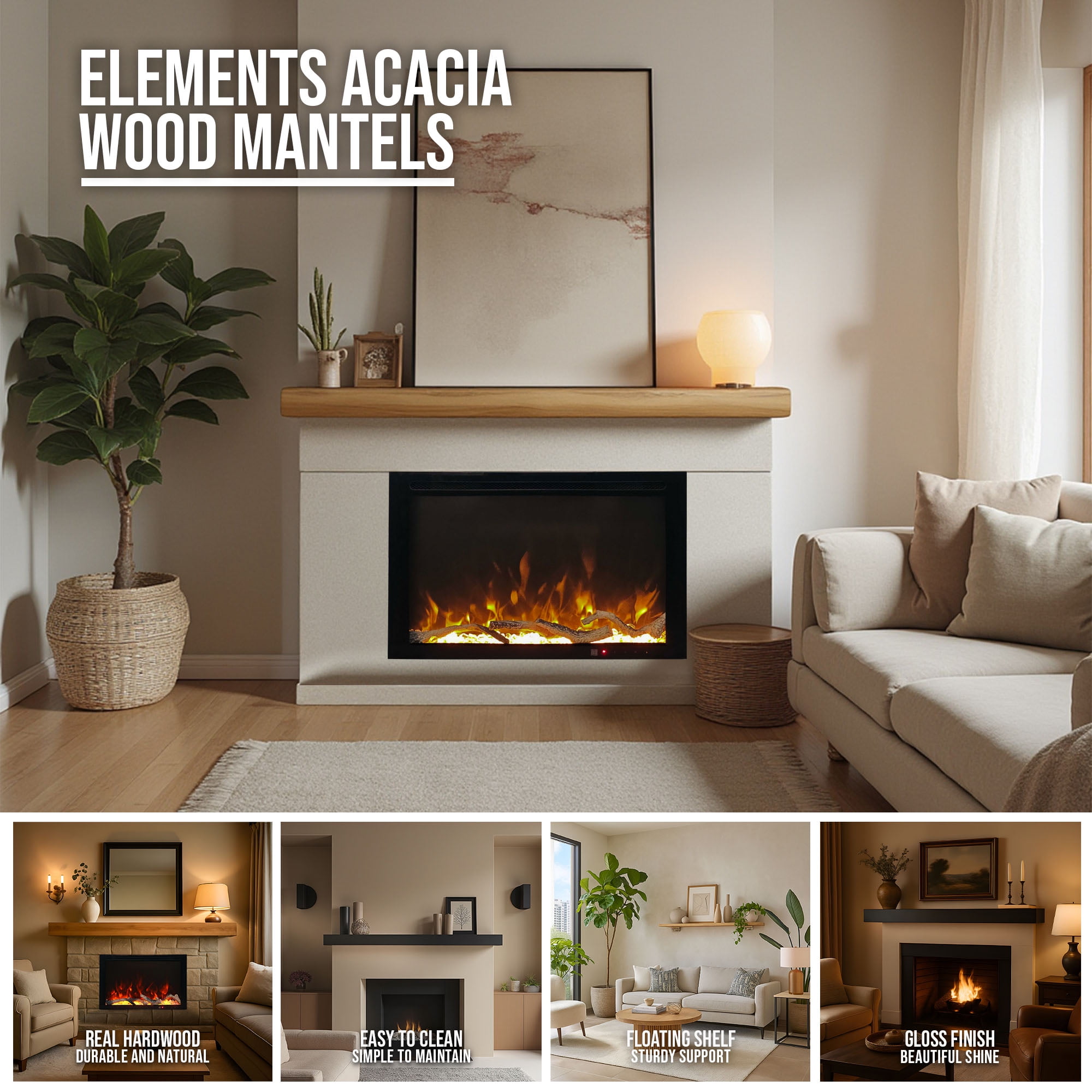 Tablette de foyer de 60 po en bois d'acacia fini lustré