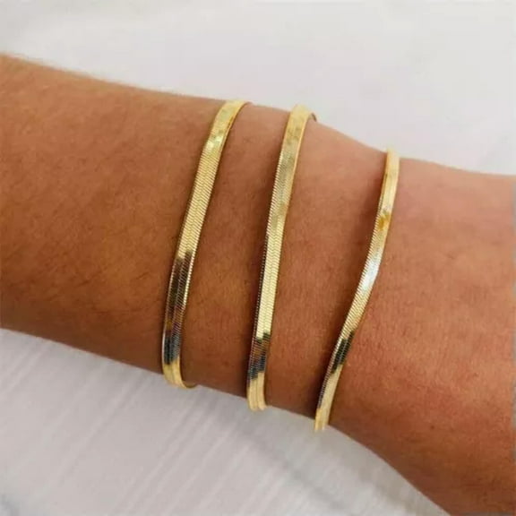 GKNET 3/4/5mm Woman 14K Gold Plated Herringbone Flat Snake Chain Bracelet Bangle 7-9''-Gold-3mm-7 in