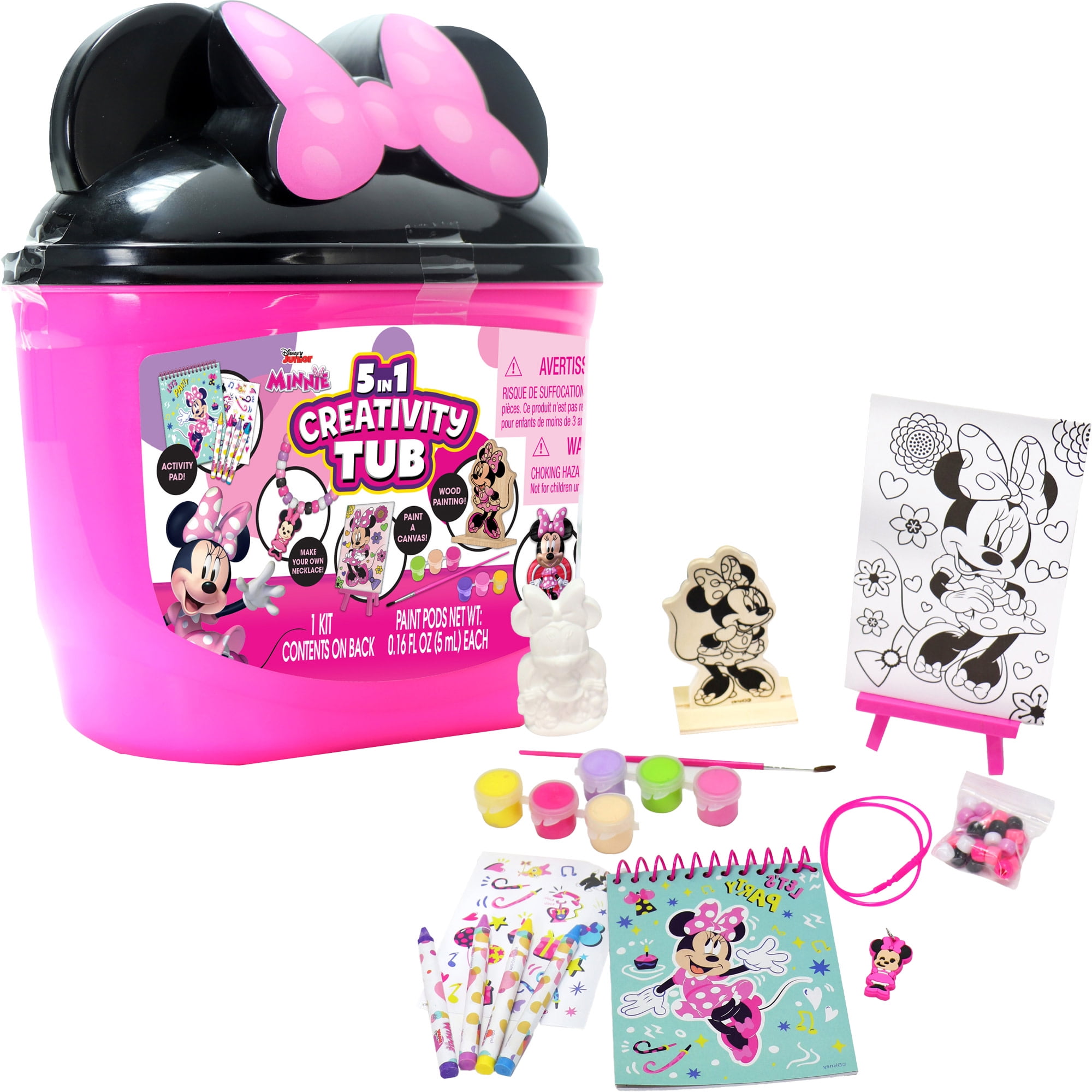 Tara Toy: 5-In-1: Creativity Tub - Minnie - Make Your Own Necklace, Canvas-Wood-Plaster Painting, Stickers & Coloring, Disney Junior, Kids Ages 3+