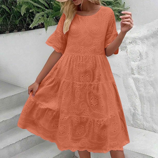 Vestido Informal de Encaje Calado Para Mujer, Cuello En V, Manga Corta, Fluido, Midi, Para Uso Diario, Primavera y Verano