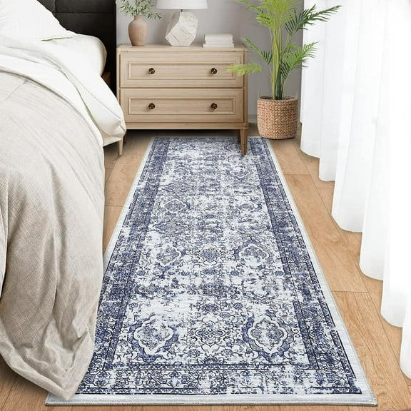 Washable 2x6 Runner Rug Vintage Hallway Retro Accent Floral Print Distressed Non-Slip Low Pile Kitchen Laundry Bathroom Bedroom Blue
