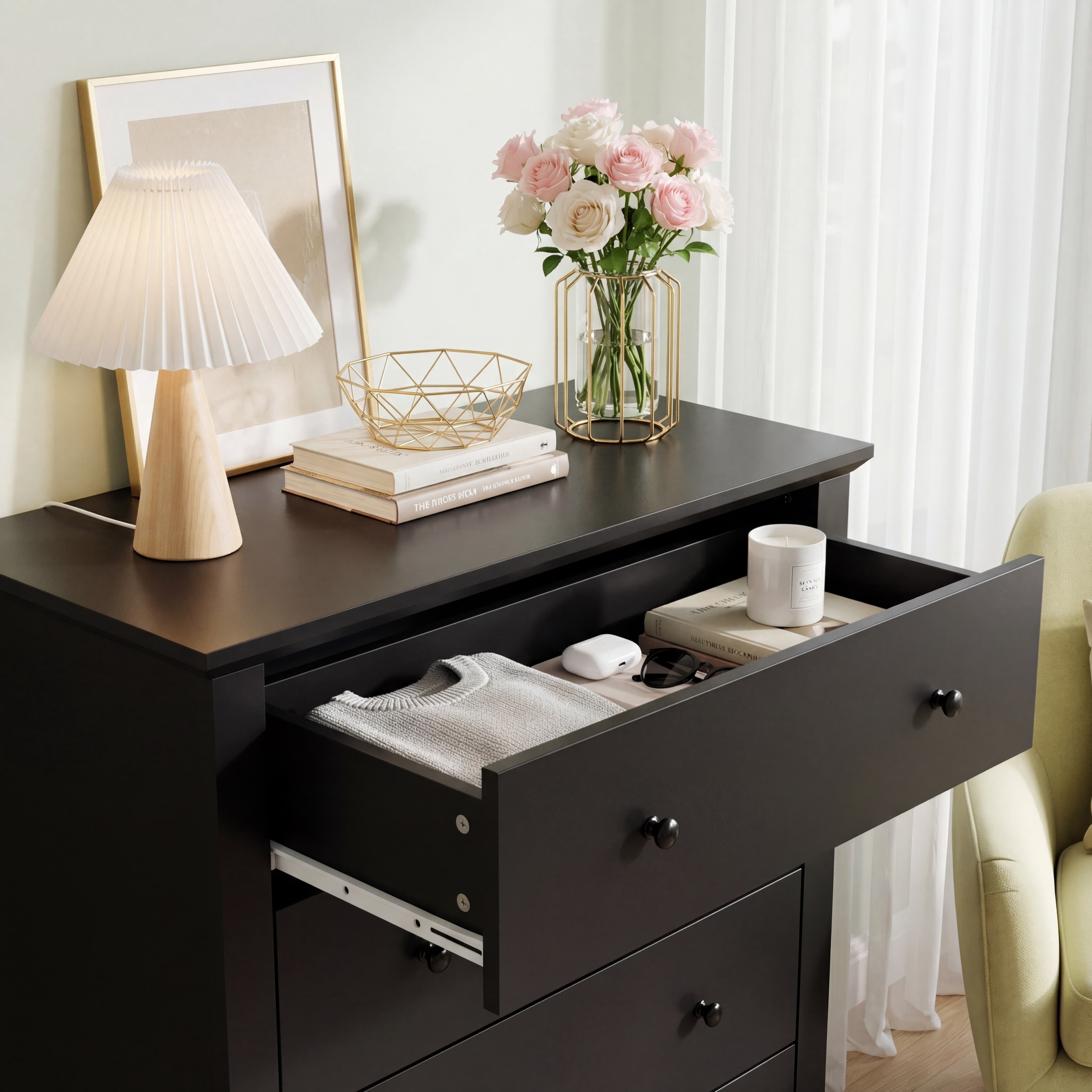 TrumanPick Black Dresser for Bedroom with 5 Drawers 47" Tall Chest of Drawers Wooden Dressers for Closet Living Room