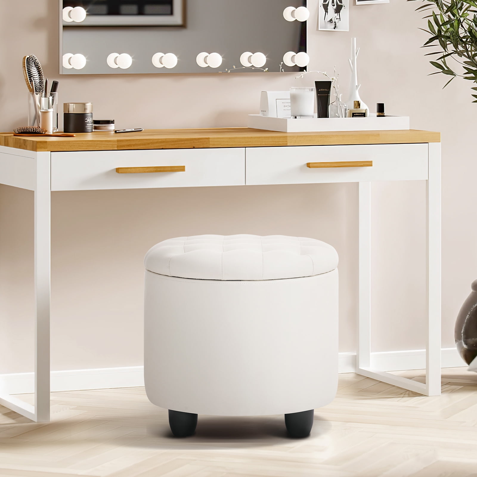 Furniliving Modern Round Storage Ottoman Tufted Footrest Stool Ottoman Bench for Living Room, Bedroom and Office, Faux PU-IvoryWhite