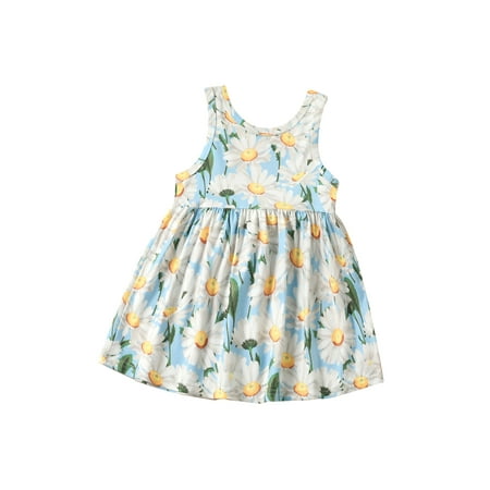 

Genuiskids Infant Baby Girl s Summer Dress Flower Print Sleeveless Backless Round Neck Back Big Bowknot Decor Little Kids Dress