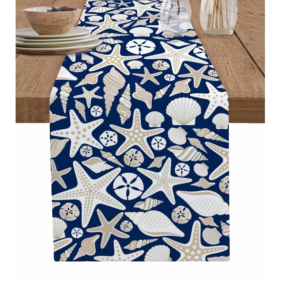 Navy Blue Ocean Table Runner 90 Inches, Coastal Starfish Shell Conch Shell Bed Runner Dresser Scarves Tabletop for Indoor Outdoor Parties/Ceremony/Banquet, 13" x 90"