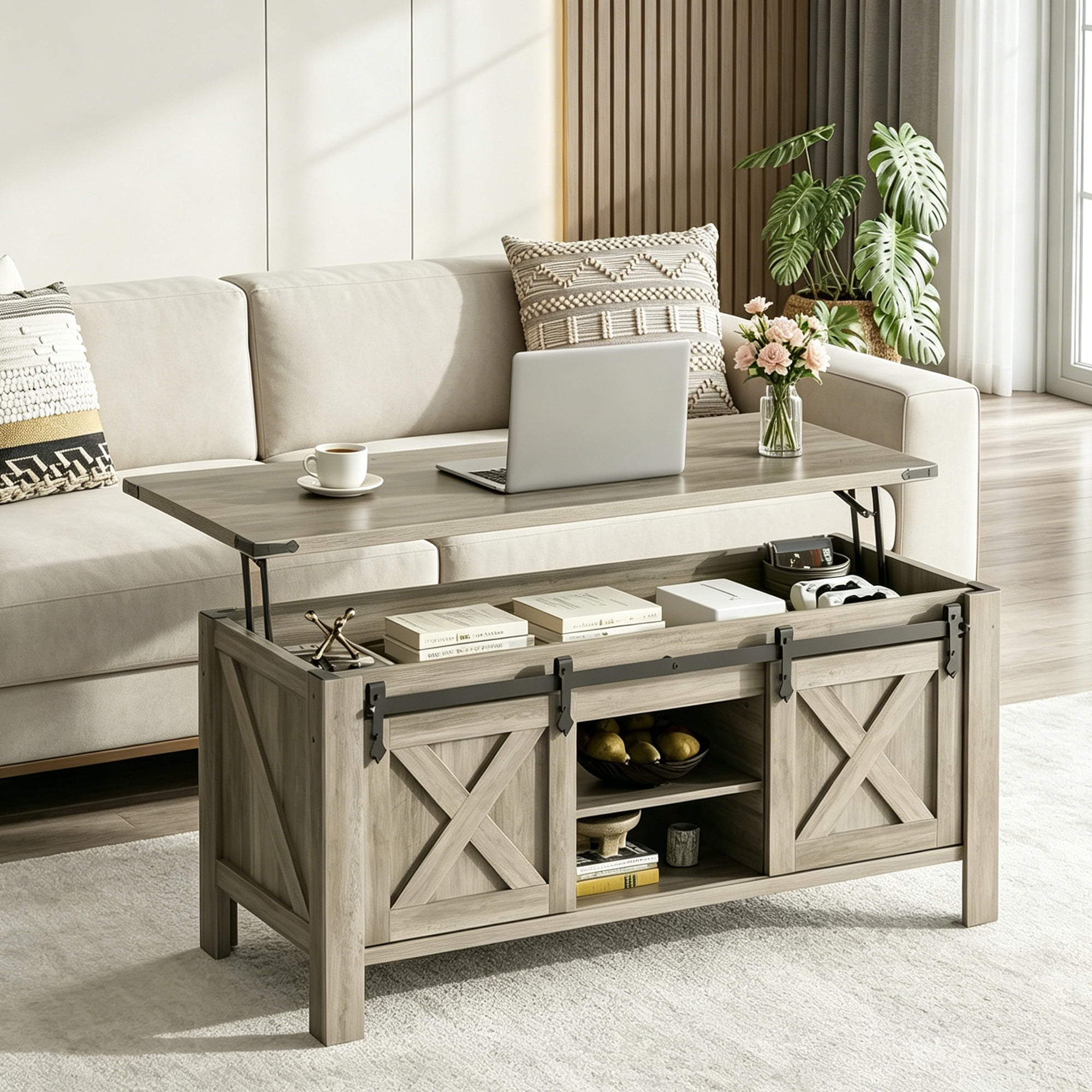 GALAXHERO 47.3" Farmhouse Lift Top Coffee Table with Sliding Barn Doors, Large Hidden Storage Compartment and Adjustable Shelf for Living Room, Office, Greige