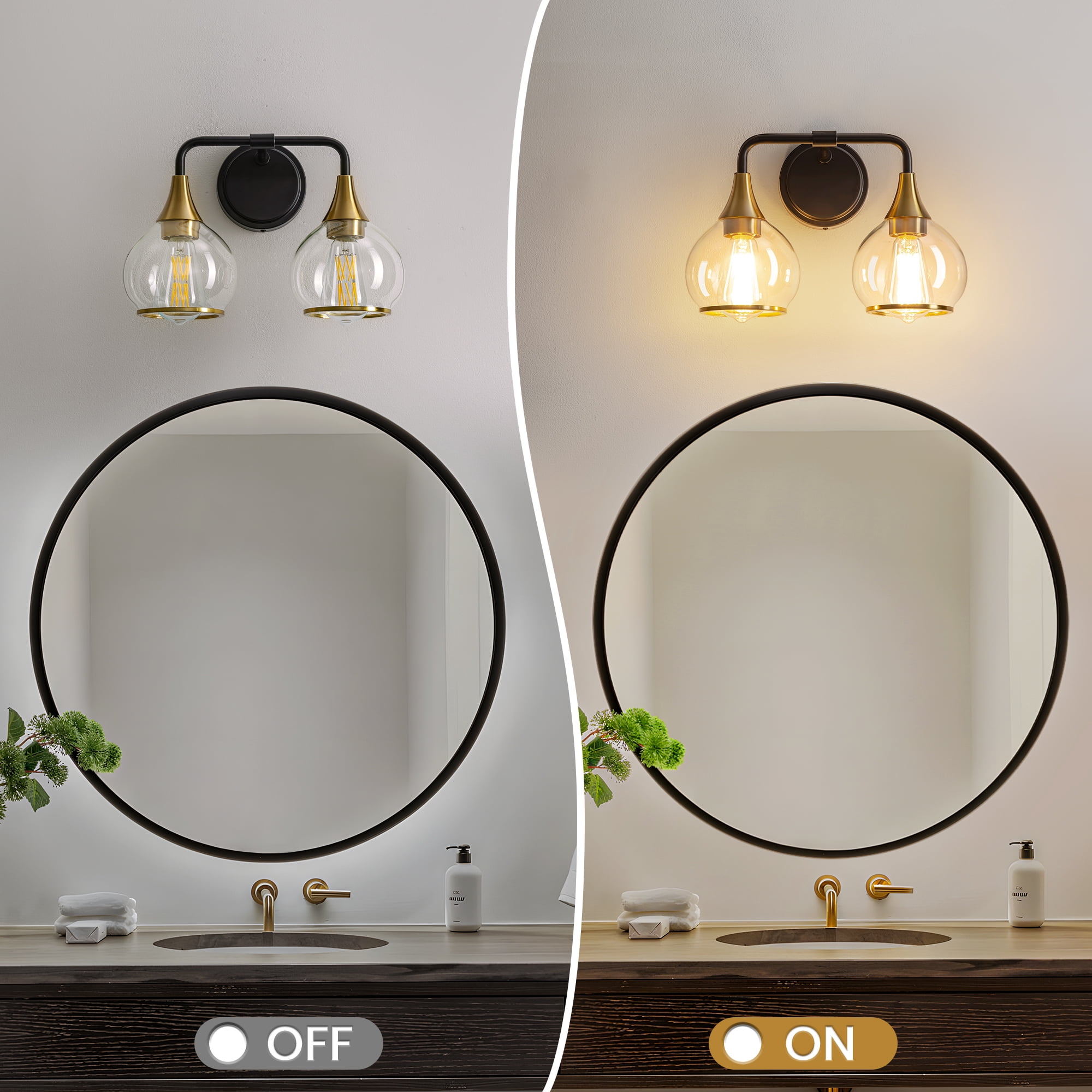 KAISITE 2-Light Black and Gold Modern Dimmable Vanity Lights with Globe Glass