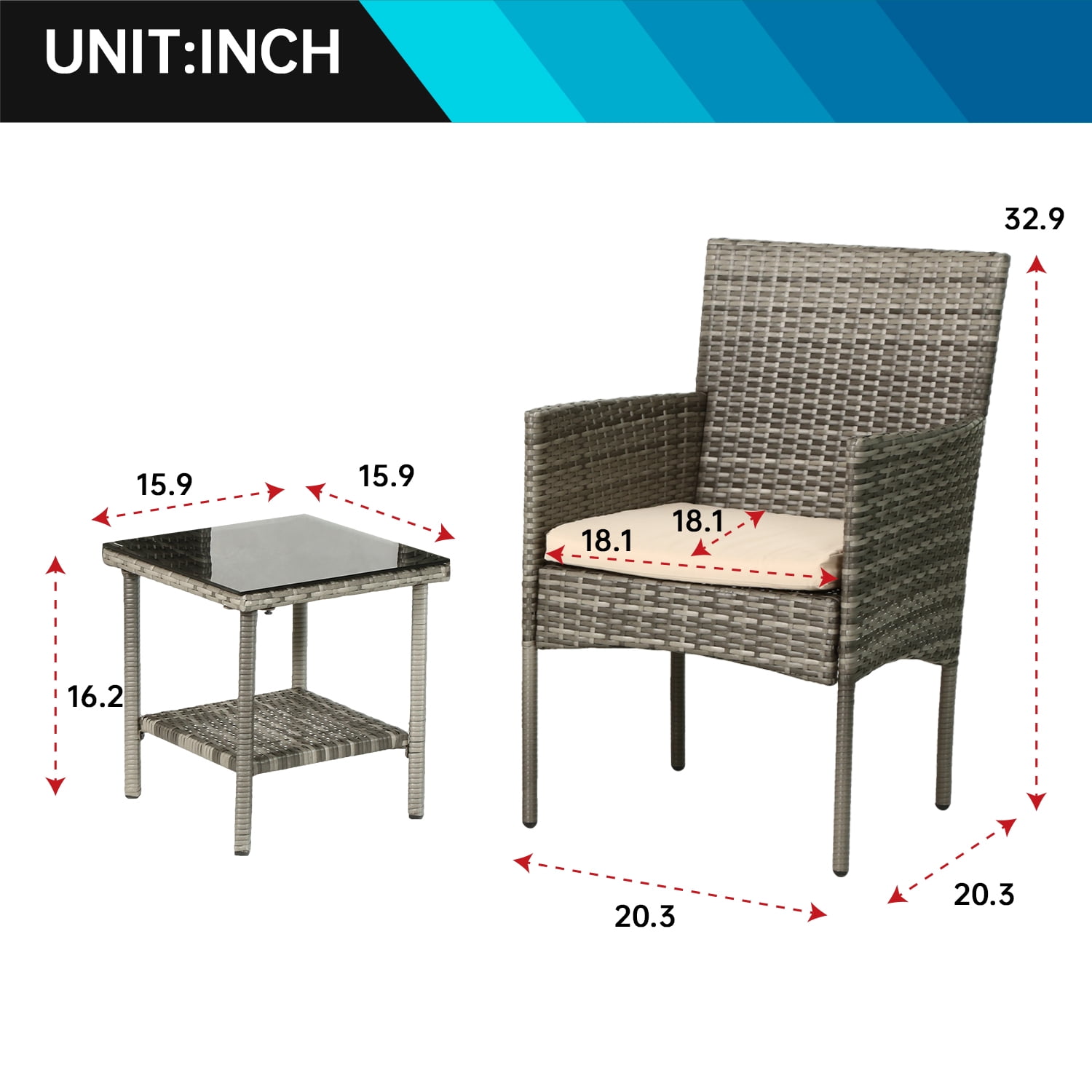 3 Piece Outdoor Furniture Set Patio Gray Wicker Chairs Furniture Bistro Conversation Set 2 Rattan Chairs with Khaki Cushions and Glass Coffee Table for Porch Lawn Garden Balcony Backyard