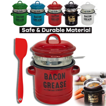 Hogloyecr 46 Oz Bacon Grease Container, Bacon Grease Saver with Strainer for Kitchen, Ceramic Bacon Grease Jar with Silicone Spatula & Lid, Cooking Up Fat Catcher Red