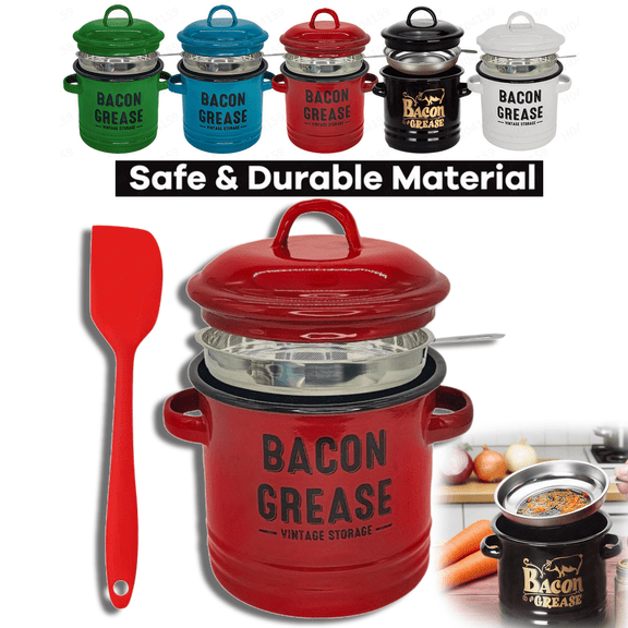 Hogloyecr 46 Oz Bacon Grease Container, Bacon Grease Saver with Strainer for Kitchen, Ceramic Bacon Grease Jar with Silicone Spatula & Lid, Cooking Up Fat Catcher Red
