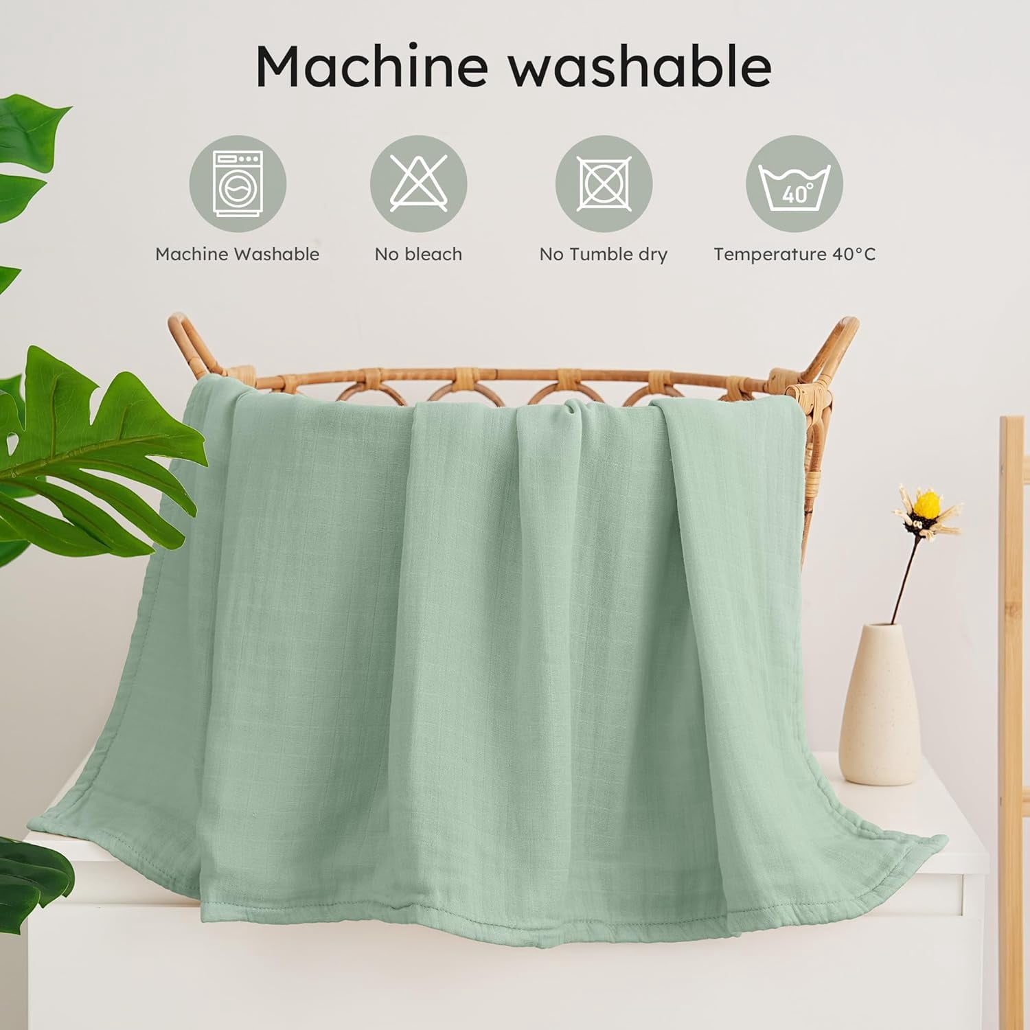 Yoofoss Muslin Swaddle Blankets, Organic Baby Blankets, 47 x 47 Inches Receiving Blanket 4-Pack for Baby Boys and Girls, Baby Essentials for Newborns Soft Breathable Green Leaves