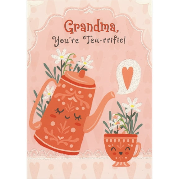 Designer Greetings Orange Teapot and Teacup and Sparkling Daisies: You're Tea-rrific Juvenile Grandma Valentine's Day Card from Granddaughter