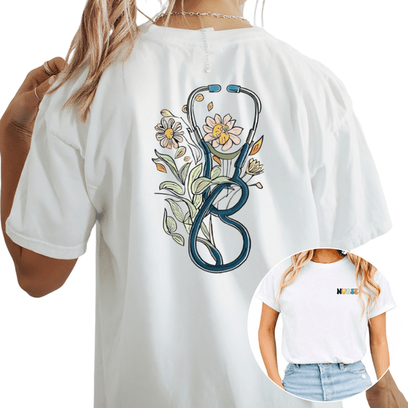 Cozymy Women's Floral Stethoscope Nurse Front Back Print Healthcare Graphic Short Sleeve Cotton Tees Tops