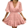 thumbnail image 2 of RYDCOT Summer Wedding Guest Dresses for Women V Neck Short Sleeve Elastic Waist Dress Lace Floral Ladies Mini Dresses Flash Deal Pink, 2 of 5