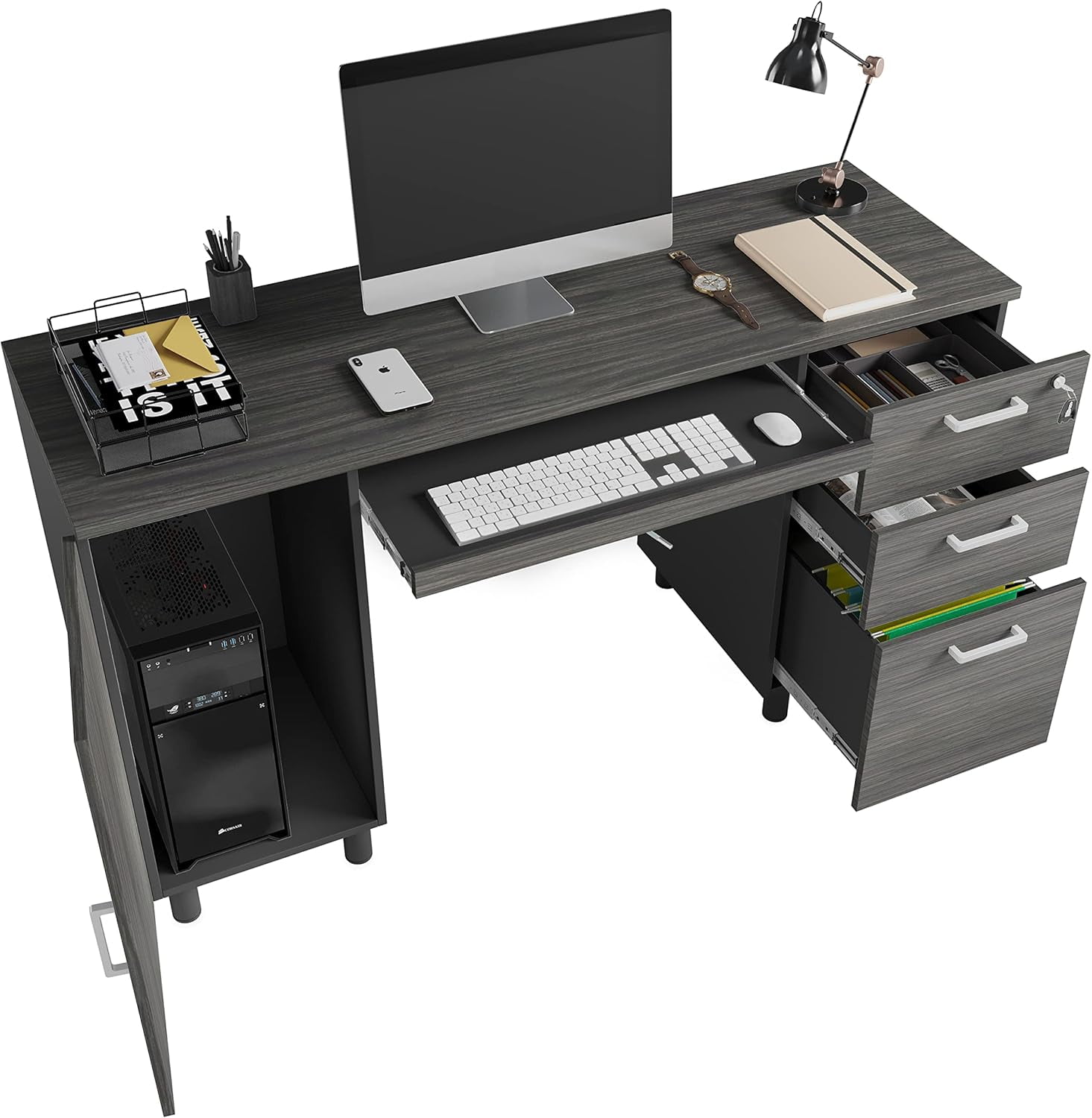 Modern Design by Crafts and Comfort Venice Computer Desk Great for Home Office Desk - 3 Drawers and CPU Storage Cabinet - Laptop Workstation with Keyboard Tray and Cable Hole - Grey / Black
