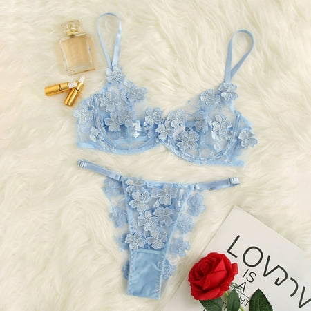 

Pxiakgy lingerie for women Flowers Embroidery Bralette Lace Bra Bustier Lingerie Thong Blue + L