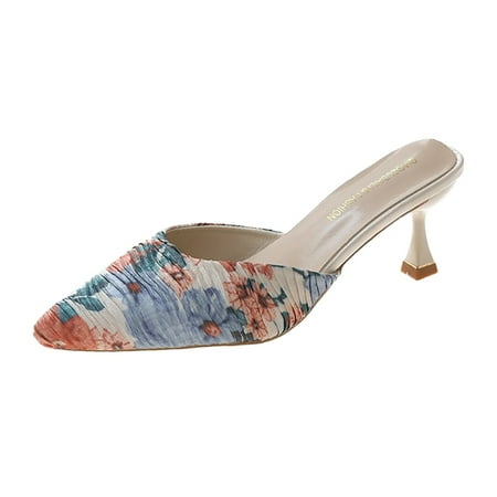 

high heels for Women Women Shoes Summer Half Drag High Heels Floral Print Pointed Breathable Lightweight Stiletto High Heels PU heeled sandals Beige