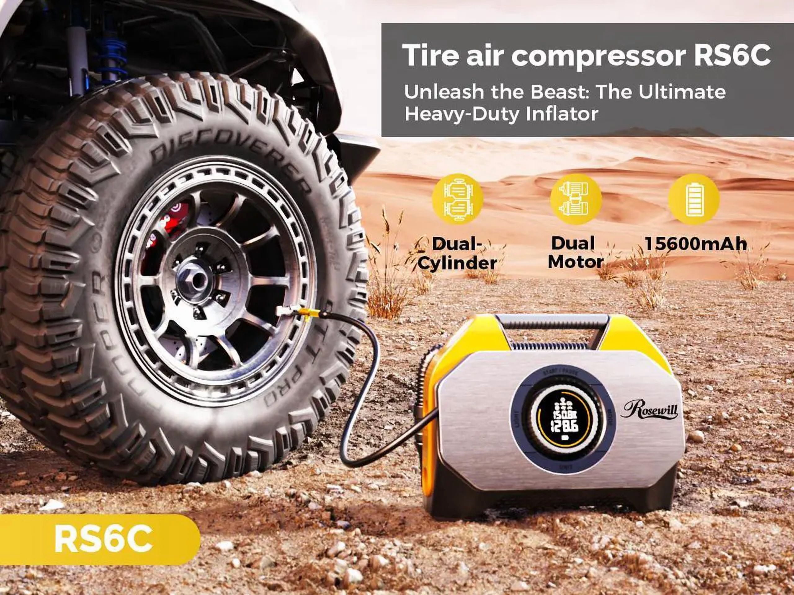 Rosewill Vortex RS6C Cordless Tire Inflator Portable Air Compressor, 160 PSI Air Pump for Car Tires with 15600mAh Battery, 100% Duty Cycle & Dual Cylinder, Air Pump for Heavy-Duty Vehicle, Orange