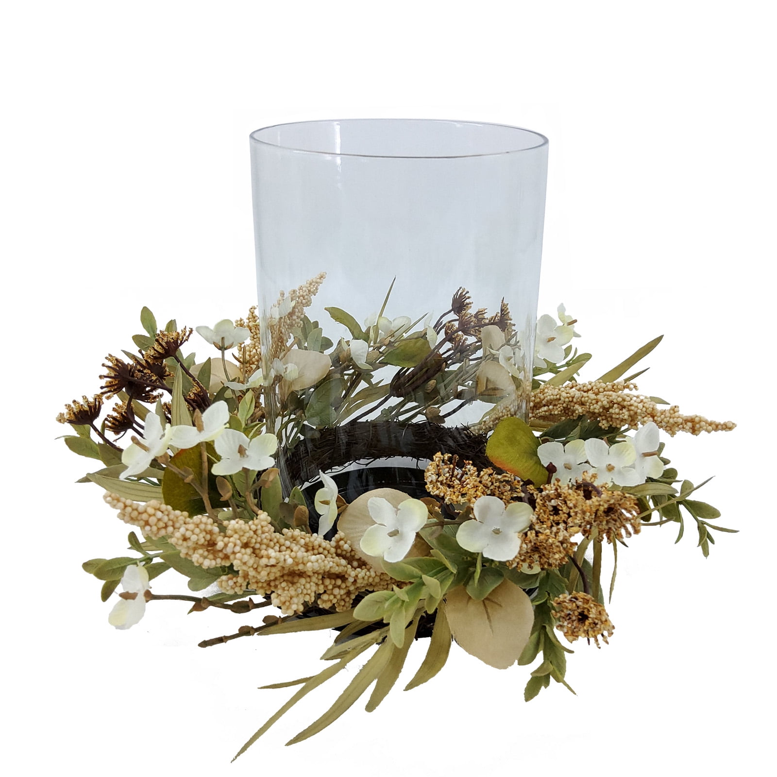 Mainstays Indoor Decorative Hurricane Pillar Candle Holder with Faux Florals, 8 Inch