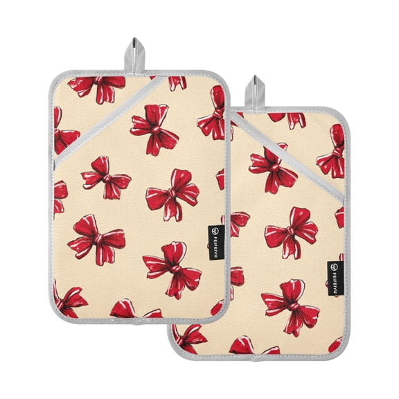 Cute Red Bows Potholders Heat Resistant Pot Holder Set of 2 Oven Hot Pads with Pocket