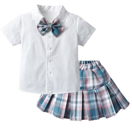 

Leutsin Toddler Kids Baby Girls Uniform Tops Shirt Plaid Pleated Skirts Set Outfits