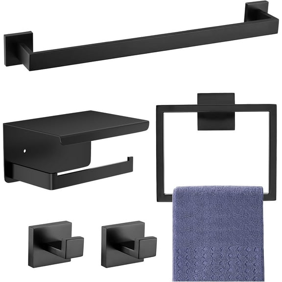 5-Pieces Matte Black Bathroom Accessories Set, SUS 304 Stainless Steel Bathroom Hardware Set, 16 Inch Towel Bar, Towel Holder Racks, Wall Mounted