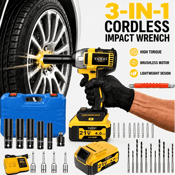 21V Cordless Impact Wrench Set with 1 Battery and Accessory Toolbox, Fast Charger, Durable Case for Auto Repair