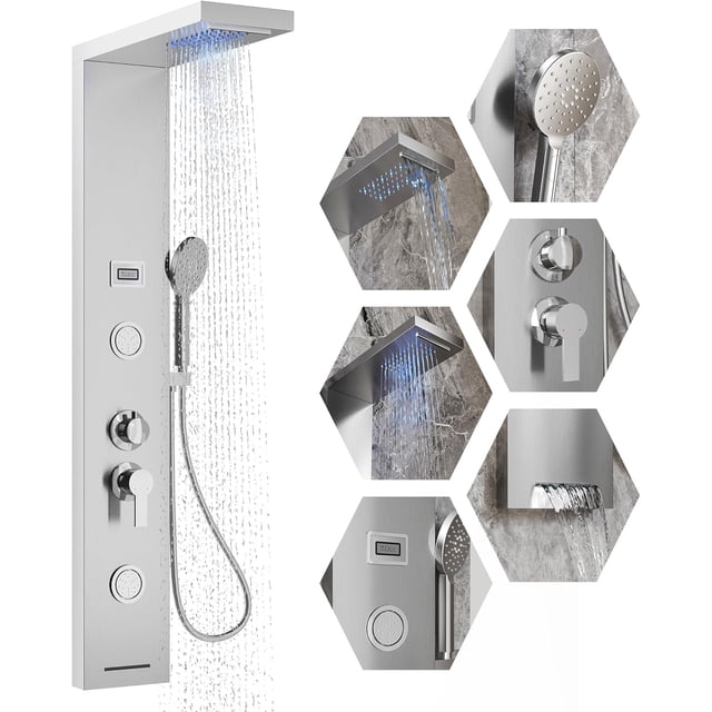 Bingirl Senfot 5 - in - 1 LED Rainfall Stainless Steel Wall - Mounted Shower Panel Tower System with 3 - Function Handheld Shower, 2 Body Spray and Temperature Display, Steel Brushed