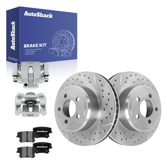 AutoShack Rear Brake Rotors, Ceramic Pads & Calipers for Chrysler, 300 2006-2011, 2014 - Silver Zinc Coated Drilled & Slotted - SilverShield Pro - 12.59" (319.8 mm), 5-Lug