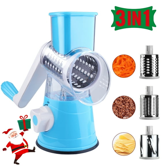 Rotary Cheese Grater Round Mandolin Slicer, Handheld Hashbrown Shredder with 3 Drum Blades, Kitchen Manual Speed Walnut Grinder for Potato, Carrot, Vegetables, Nuts