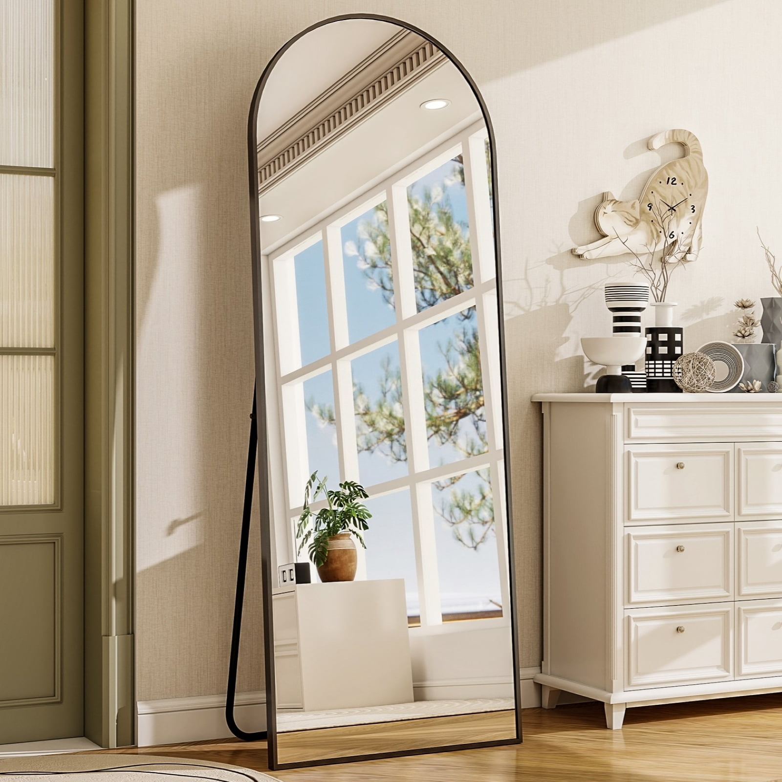 SEETHRUGLIMMER 68"x22.2" Arched Full Length Mirror Wall-Mounted Floor Mirror with Stand, Black