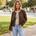 thumbnail image 3 of Womens Polka Dot Knit Cardigan Round Neck Single Button Long Sleeve Cropped Sweater Coat Lightweight Knitted Open Front Cardigan Casual Outerwear Brown L, 3 of 6