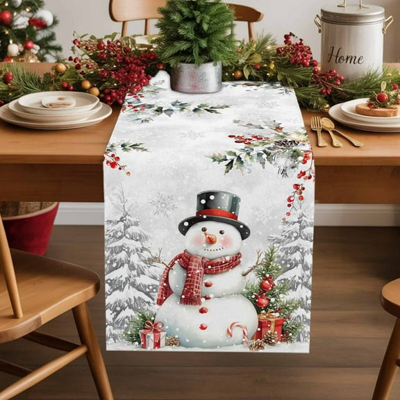 Burlap Table Runner 36 Inches Long,Snowman Christmas Tree Berry Snowflakes Non-Slip Kitchen Table Runners for Dining Room Everyday Use Party Table Decorations Pine Cones Leaves on Grey