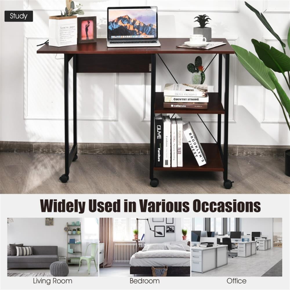 Demi Bonn Folding Writing Office Desk with Storage Shelves, Small Home Computer Desk Study Gaming Table, Brown