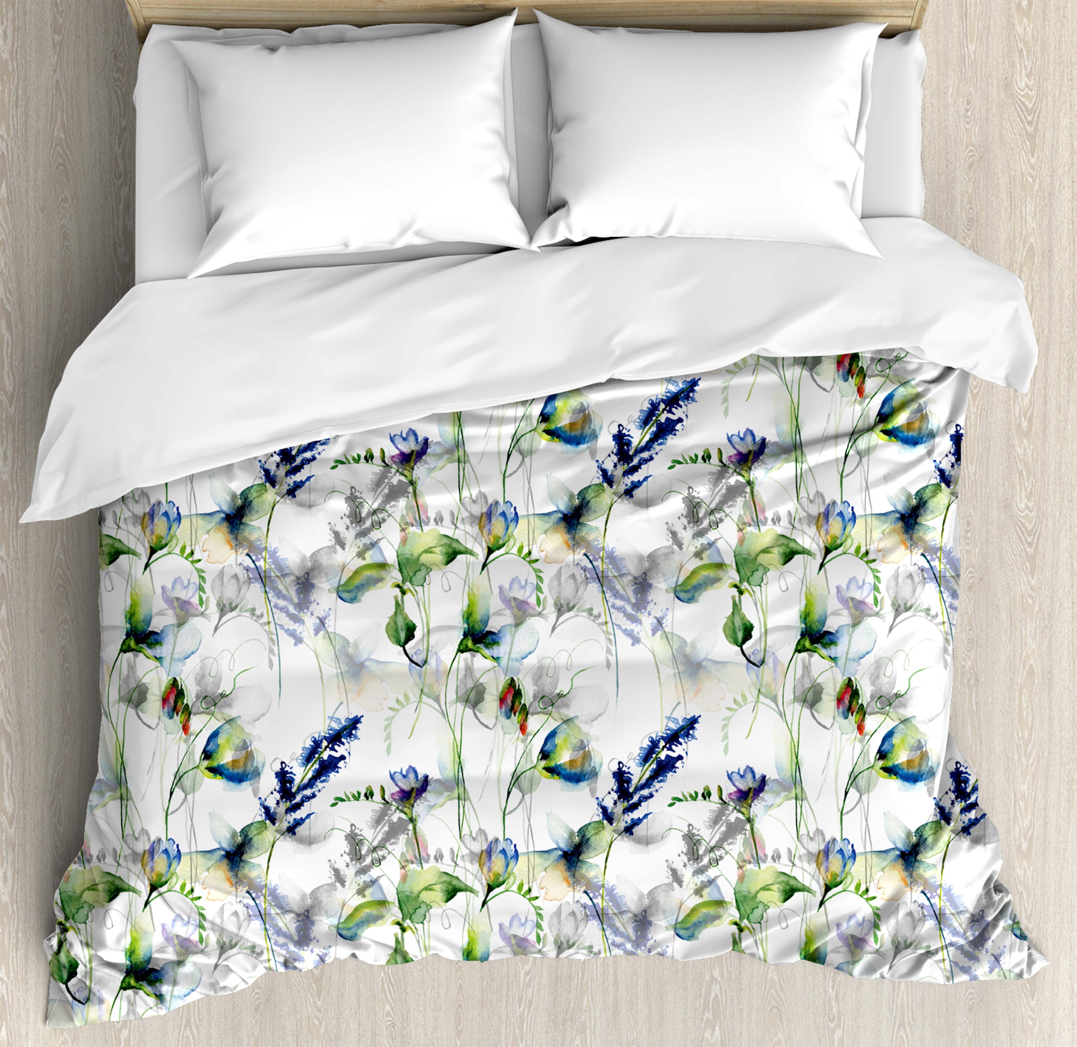 Flower King Size Duvet Cover Set, Floral Pattern with Sweet Pea Blossoms in Watercolor Paint