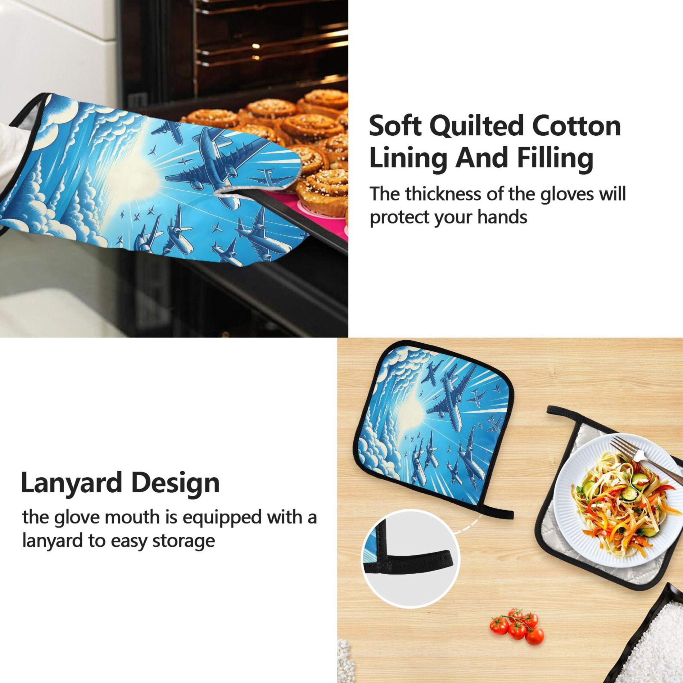 Airplanes Flying in Sky 5 Pcs Kitchen Set Heat Resistant Oven Mitts and Non-Slip Pot Holders with Adjustable Cooking Apron