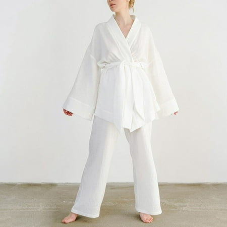 

Kimono Pajamas 2023 New 100% Cotton Crepe Long-Sleeved Trousers Ladies Sleepwear Suit Women s Home Service Mujer