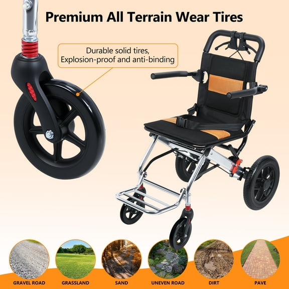 Thehsnt Transport Chair - 15.75" Narrow Seat, Foldable with Hand Brake & Shock Absorbers, 175lb Capacity