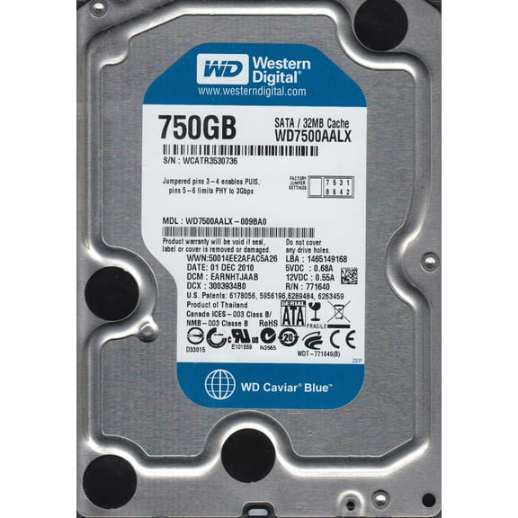 WD7500AALX-009BA0, DCM EARNHTJAAB, Western Digital 750GB SATA 3.5 Hard Drive