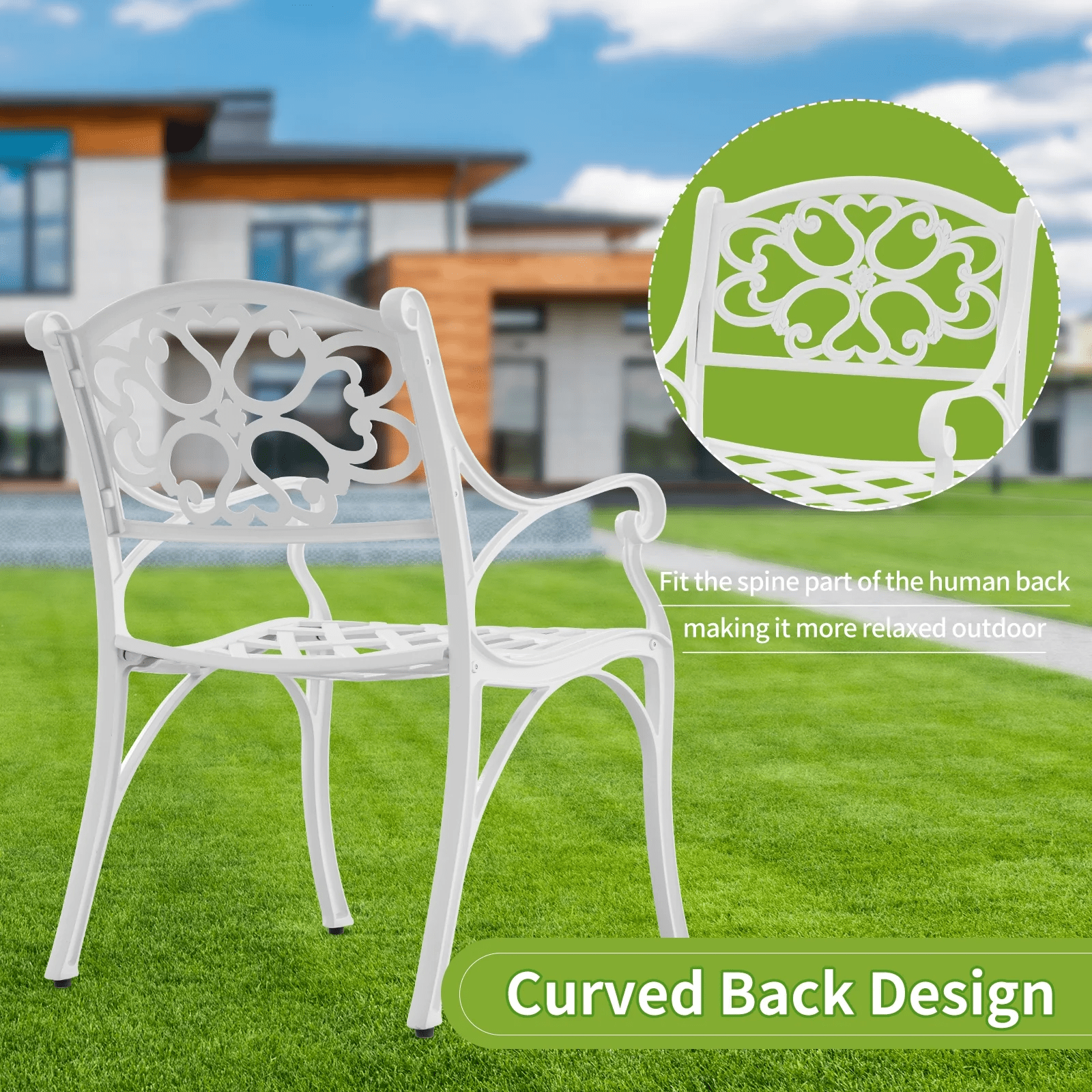 PATIO-IN Cast Aluminum Patio Chair Set of 2 with Armrests, White Metal Bistro Chairs, Outdoor Patio Dining Chairs for Garden, Porch, Poolside