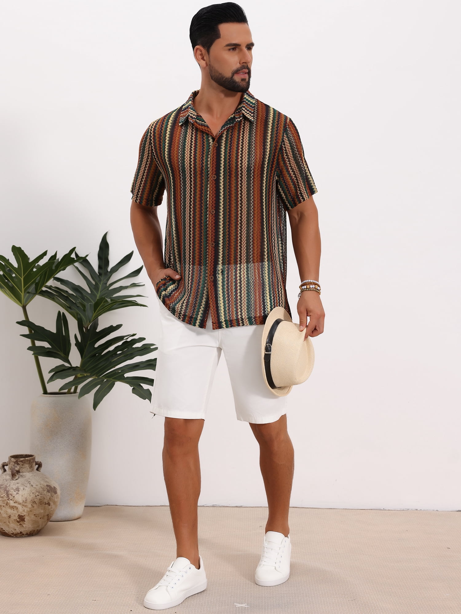DARING DIVA Men's Striped Short Sleeve Button Down See Through Shirts L Brown Green
