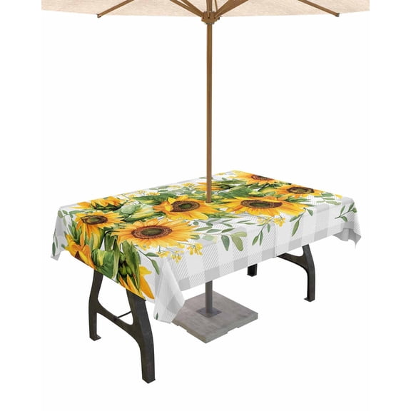 Outdoor Tablecloth with Umbrella Hole for Patio/Picnic/Party/Camping, Sunflower Plaid Waterproof Table Cloth Rectangle Table Cover Washable, Retro Yellow Green Floral Leaf Grey 54"x 80"