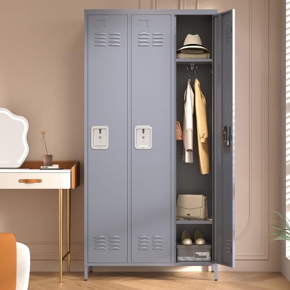 Glyxxen 72" Metal Lockers for Employees with 3 Doors, Steel Storage Cabinets, Clothing Locker for Home, Employee, Gym, Schools, Fire Department, Gray