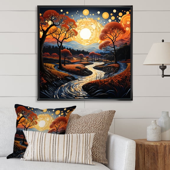 Designart "River Horizon In Pointillism Style" Landscape Forest River Floater Framed Wall Art Living Room