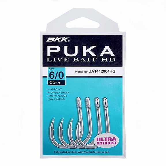 BKK PUKA Livebait HD Hook  6/0  4-Pack  5X  Saltwater Ultra-Antirust Coating  Hand Ground Point  Forged Shank