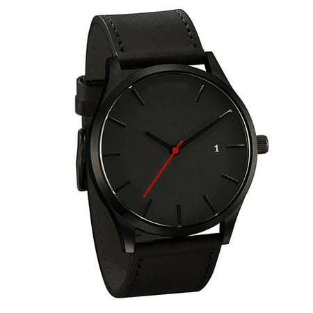 Watch Bracelet Leather Male Business Casual Quartz Wrist Watch with Leather Watch Strap Gifts Black belt with Black surface ()