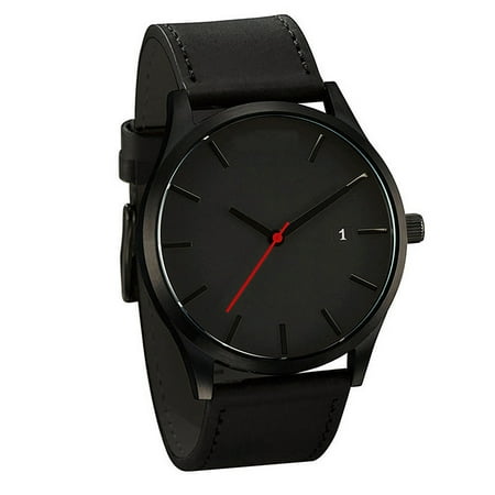 Male Business Casual Quartz Wrist Watch with Leather Watch Strap Gifts Black belt with Black