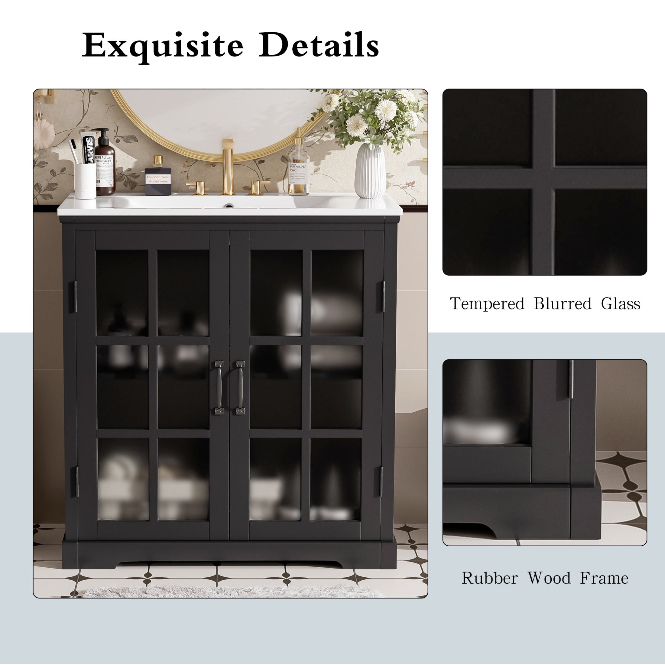 Christopher Knight Home 30" Bathroom Vanity with Ceramic Sink, Blurred Glass Doors, Wood Frame, Black